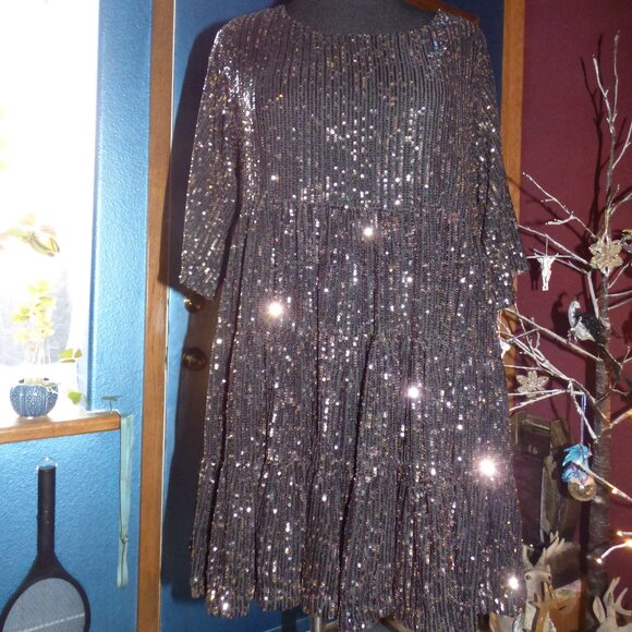 BY TOGETHER GOTH WEDDING HOLIDAY BLACK BROWN SEQUIN BABYDOLL MINI DRESS L